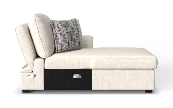 Playlist Max Beige Right Arm Facing Storage Chaise in traditional style, beige polyester fabric with memory foam cushion, accent pillow, hidden storage, and built-in USB/USB-C ports for charging and convenience.