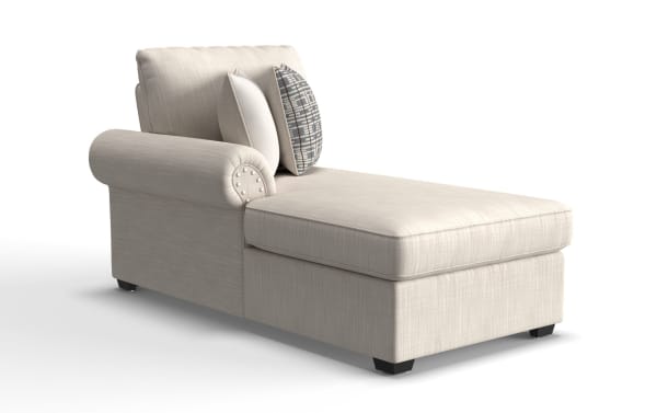 Beige Playlist Max traditional left arm facing storage chaise with polyester fabric, memory foam cushion, accent pillows, USB & USB-C ports.
