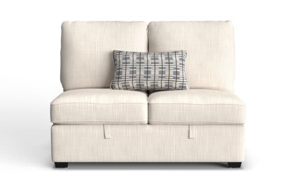 Playlist Max Beige Armless Storage Loveseat in beige polyester fabric with traditional style, memory foam cushions, and hidden storage.
