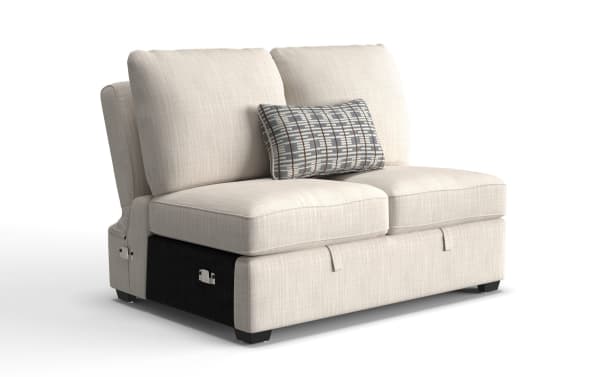 Playlist Max Beige Armless Storage Loveseat in beige polyester fabric with Bob-O-Pedic Memory Foam cushions, accent pillow, and hidden storage.