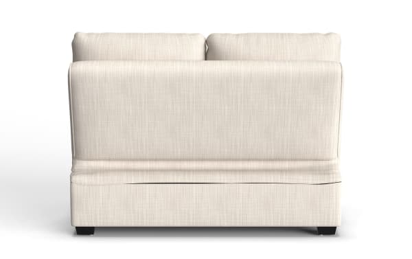 Beige Playlist Max armless storage loveseat with traditional style, polyester fabric upholstery, memory foam cushions, and hidden storage compartment.