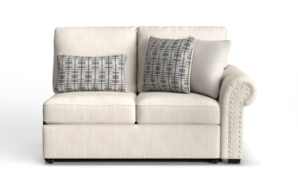Playlist Max Beige Right Arm Facing Storage Loveseat in beige polyester fabric, traditional style with rolled arm, accent pillows, memory foam cushions, hidden storage, and built-in USB/USB-C ports for charging devices.