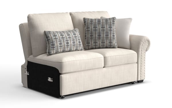 Playlist Max Beige Right Arm Facing Storage Loveseat in traditional beige polyester fabric with memory foam cushions, accent pillows, hidden storage, and built-in USB/USB-C ports.