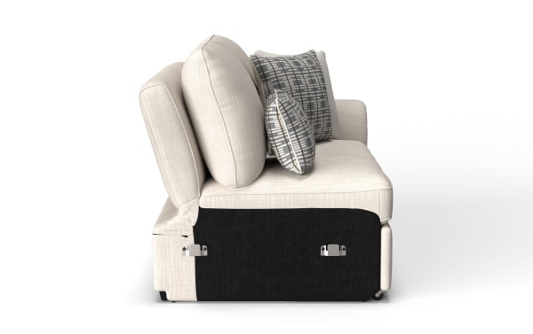 Playlist Max Beige Right Arm Facing Storage Loveseat in traditional style with beige polyester fabric, memory foam cushions, accent pillows, hidden storage, and built-in USB/USB-C ports.