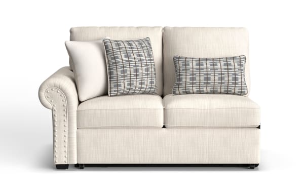 Beige Playlist Max left arm facing storage loveseat with traditional rolled arm, polyester fabric upholstery, memory foam cushions, accent pillows, and built-in USB/USB-C ports.