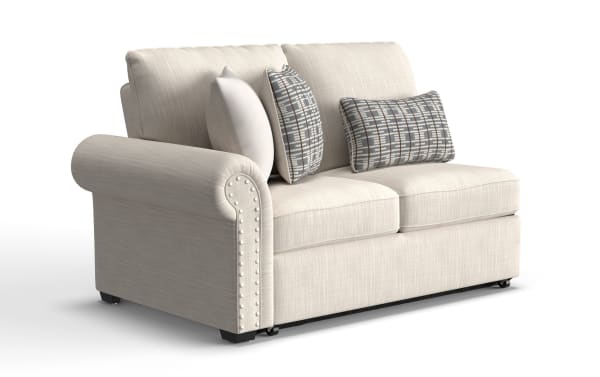 Playlist Max Beige Left Arm Facing Storage Loveseat in traditional style with beige polyester fabric, memory foam cushions, accent pillows, USB & USB-C ports.