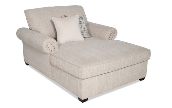 Playlist Max Beige Chaise Lounge in traditional style with beige polyester fabric upholstery, accent pillows, memory foam, and built-in USB/USB-C ports for device charging.