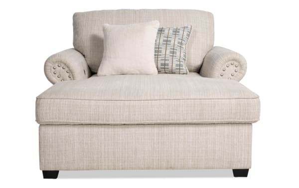 Playlist Max Beige Chaise Lounge in traditional style with beige polyester fabric upholstery, rolled arms, accent pillows, and built-in USB/USB-C ports for device charging.