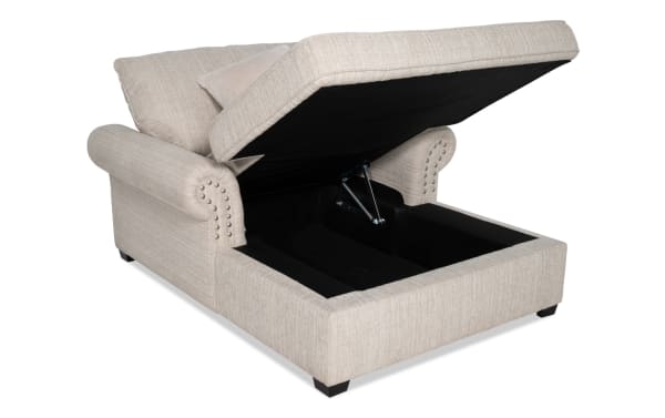 Playlist Max Beige Chaise Lounge in traditional style with beige polyester fabric, memory foam cushions, storage compartment, and USB/USB-C ports.