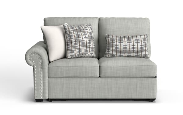 Playlist Max Spa Blue left arm facing pop-up sleeper loveseat in light blue polyester fabric, traditional style, with nailhead trim and patterned throw pillows, featuring built-in USB and USB-C ports for device charging.