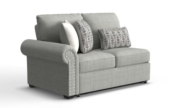 Playlist Max Spa Blue Left Arm Facing Pop-Up Sleeper Loveseat in light blue polyester fabric with traditional rolled arm, decorative nailhead trim, memory foam cushions, and built-in USB/USB-C ports for charging.