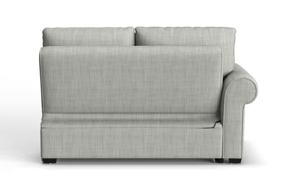 Playlist Max Spa Blue left arm facing pop-up sleeper loveseat in light blue polyester fabric, traditional style with USB and USB-C ports, shown from back.