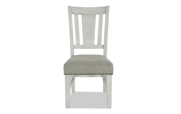 Beaumont White & Beige Ladder Back Upholstered Dining Chair with beige polyester fabric, nailhead trim, and pine solid frame in transitional style.