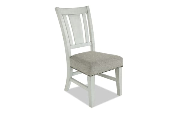 Beaumont White & Beige Ladder Back Upholstered Dining Chair with nailhead trim, polyester fabric seat, pine solids, and transitional style.