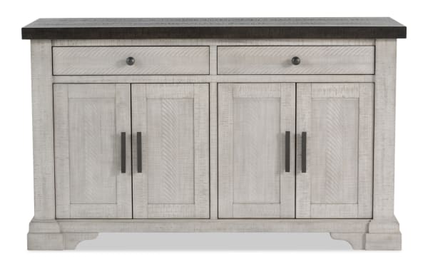 Beaumont White & Brown 2 Drawer Server from Beaumont Dining collection, transitional style with pine solids, veneer, MDF, featuring two drawers and four cabinet doors.