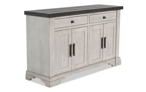 Beaumont White & Brown 2 Drawer Server with pine solids, veneer, MDF, featuring transitional style, two drawers, and four cabinet doors for dining storage.