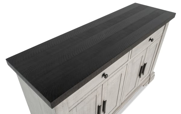 Beaumont White & Brown 2 Drawer Server with dark brown wood top, white pine veneer body, two drawers, and cabinet storage in transitional style.