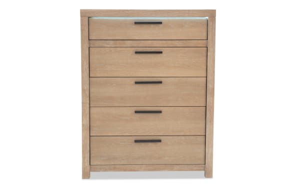 Contemporary Studio Light Oak 5 Drawer Chest in MDF and oak veneers with black handles, part of Studio Bedroom collection, featuring clean lines.