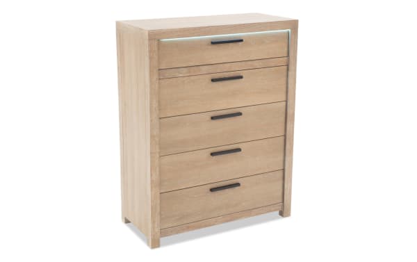 Contemporary Studio Light Oak 5 Drawer Chest from Studio Bedroom collection, featuring oak veneer MDF construction, black handles, and a sleek light oak finish.