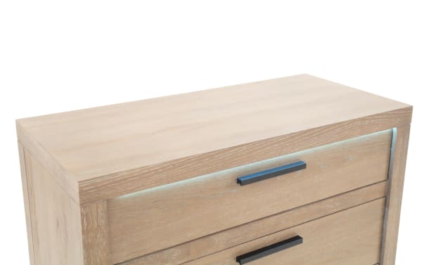 Contemporary Studio Light Oak 5 Drawer Chest with oak veneer, MDF construction, black handles, and subtle LED lighting from Studio Bedroom collection.