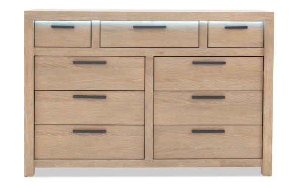 Contemporary Studio Light Oak 9 Drawer Dresser with MDF and oak veneers, featuring felt- and cedar-lined drawers and 3-way touch LED lighting.