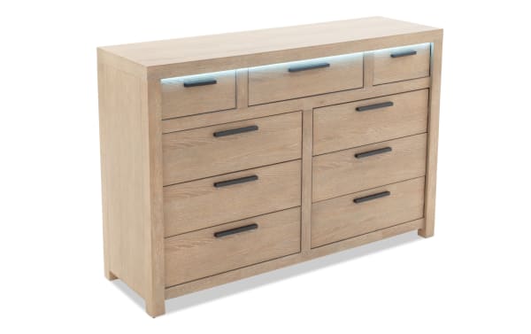 Studio Light Oak 9 Drawer Dresser from Studio Bedroom collection, contemporary style with MDF and oak veneers, featuring felt- and cedar-lined drawers and 3-way touch LED lighting.