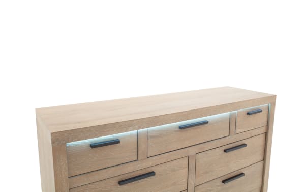Contemporary Studio Light Oak 9 Drawer Dresser with MDF and oak veneers, featuring felt- and cedar-lined drawers and 3-way touch LED lighting.