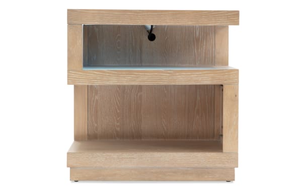 Contemporary Studio Light Oak Nightstand with MDF and oak veneers, featuring two open shelves, light wood finish, and modern minimalist design.