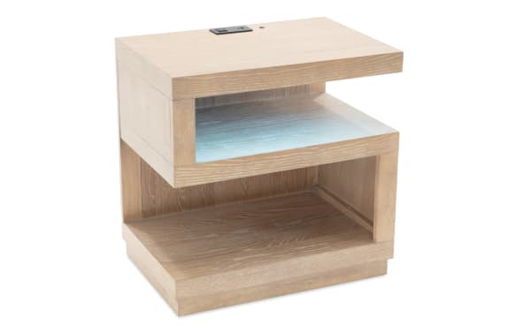 Contemporary Studio Light Oak Nightstand from Studio Bedroom collection, made of MDF and oak veneers, featuring light oak finish, open shelf, and built-in USB, USB-C ports with 3-way touch LED lighting.