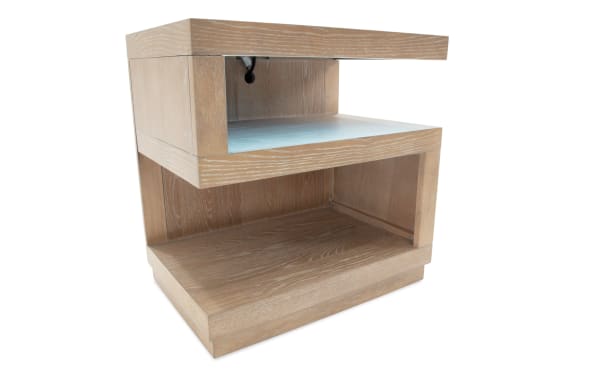 Contemporary Studio Light Oak Nightstand from Studio Bedroom collection, made of MDF and oak veneers, with open shelves and modern clean lines.