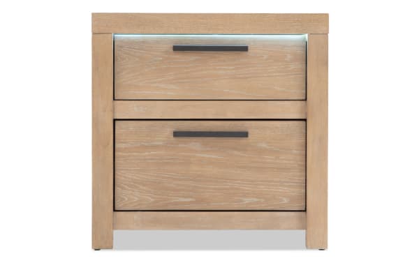 Contemporary Studio Light Oak 2 Drawer Nightstand in oak veneer and MDF, with black handles, part of Studio Bedroom collection, featuring clean lines and modern design.