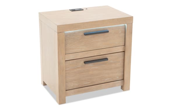 Contemporary Studio Light Oak 2 Drawer Nightstand with MDF and oak veneers, built-in USB/USB-C ports, and 3-way touch LED lighting.