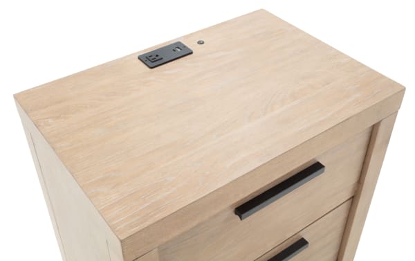 Contemporary Studio Light Oak 2 Drawer Nightstand with oak veneer finish, black drawer handles, built-in USB/USB-C ports, and 3-way touch LED light.