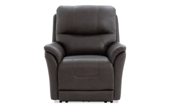 Blitz Brown Leather Power Recliner with power headrest, transitional style, 100% genuine brown leather upholstery, plush cushioned arms, and built-in USB ports.