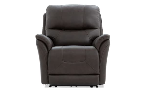 Blitz Brown Leather Power Recliner with power headrest, brown genuine leather upholstery, transitional style, padded armrests, and built-in USB ports.