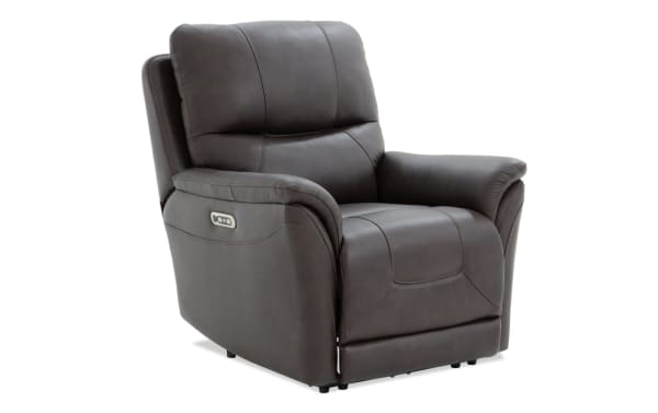 Blitz Brown Leather Power Recliner with power headrest, transitional style, brown genuine leather upholstery, built-in USB/USB-C ports, and memory foam cushioning.
