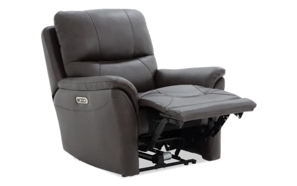 Blitz Brown Leather Power Recliner with power headrest, transitional style, 100% genuine brown leather upholstery, built-in USB/USB-C ports, and memory foam cushioning.
