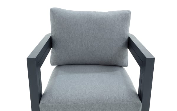 Modern gray fabric armchair with cushioned backrest and seat, featuring sleek black metal frame and armrests, ideal for living room or office seating.