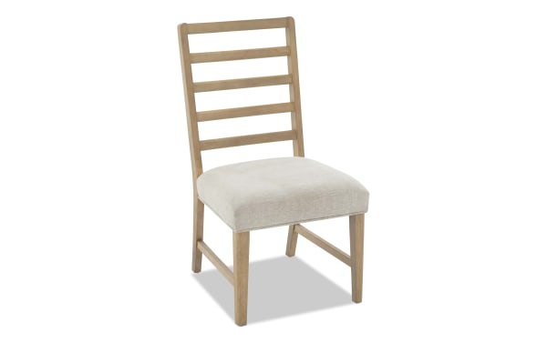 Malibu Natural & Gray Ladder Back Upholstered Dining Chair with gray polyester fabric, solid acacia wood frame, and memory foam cushion.