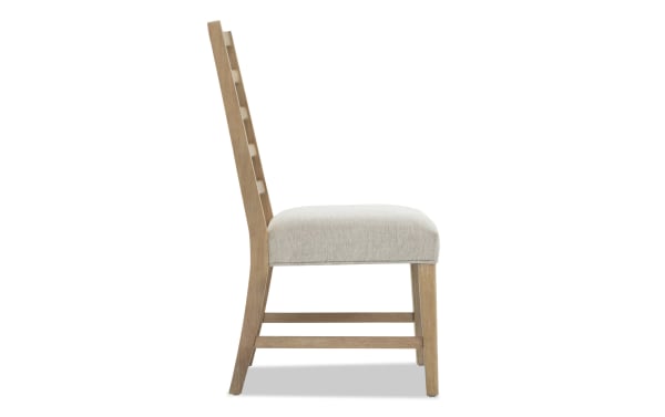 Contemporary Malibu Natural & Gray Ladder Back Upholstered Dining Chair with gray polyester fabric, acacia wood frame, and memory foam cushion.