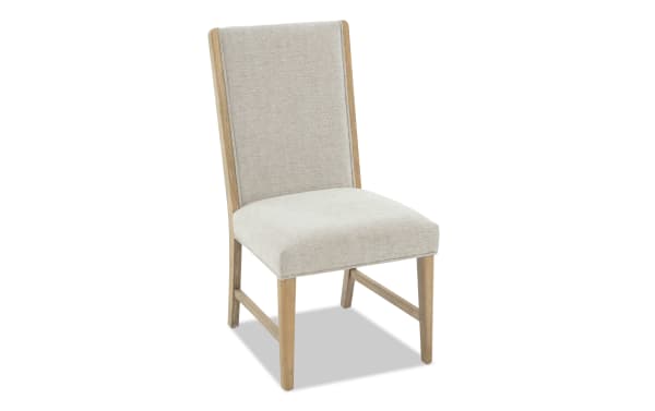 Malibu Natural & Gray Solid Back Upholstered Dining Chair with gray polyester fabric, solid acacia wood frame, and memory foam cushioning, contemporary style.