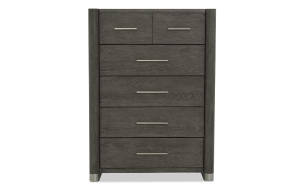 Contemporary Catalina Brown 5 Drawer Lift-Top Chest in dark brown rubberwood and oak veneers, featuring smooth sliding drawers with metal handles.