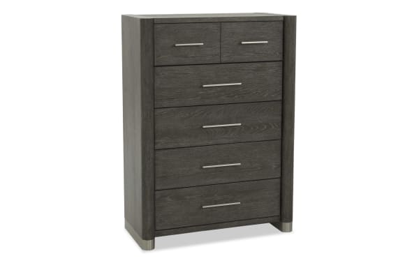 Contemporary Catalina Brown 5 Drawer Lift-Top Chest in dark brown MDF, rubberwood, and oak veneers. Features smooth sliding drawers with metal handles, rounded edges, and metal feet accents. Part of the Catalina Bedroom Collection, designed for ample storage with a felt-lined top drawer and cedar-lined bottom drawer.