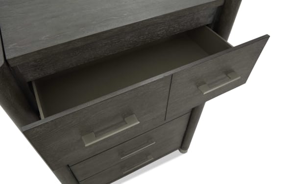 Contemporary Catalina Brown 5 Drawer Lift-Top Chest in dark wood finish with smooth sliding drawers, metal handles, and durable MDF and rubberwood construction.
