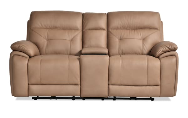 Sedona Sand Leather Power Reclining 77'' Console Loveseat in beige transitional style with leather upholstery, power headrests, cup holders, and storage.