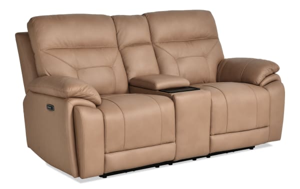 Sedona Sand 77" transitional loveseat in beige leather and vinyl with power reclining, power headrest, console storage, USB ports, and wireless charging.