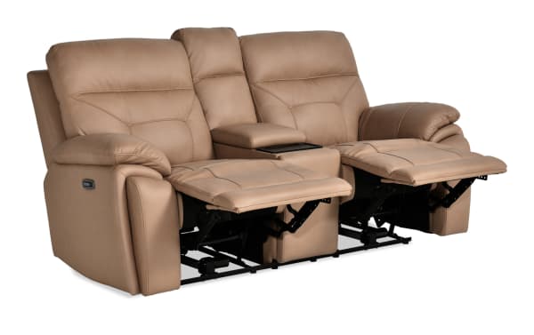 Sedona Sand 77" transitional loveseat in beige leather and vinyl with power reclining seats, power headrests, console with cup holders, storage, and USB ports.