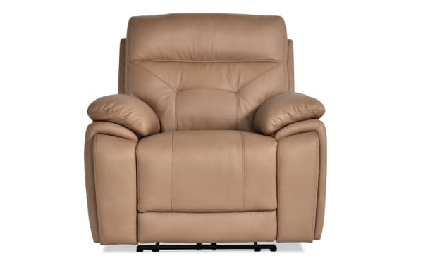 Sedona Sand Leather Power Recliner with power headrest and cup holders, beige leather upholstery, transitional style, Sedona collection.