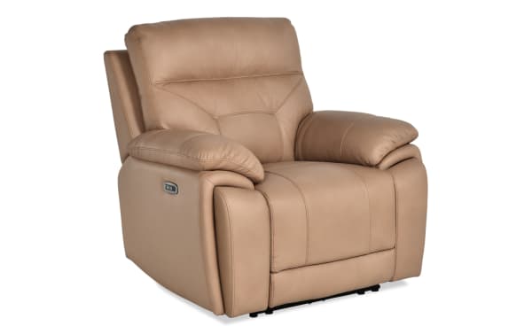 Sedona Sand Leather Power Recliner with power headrest and recline, beige transitional style, leather upholstery, padded armrests, and built-in USB ports.