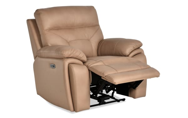 Sedona Sand Leather Power Recliner with power headrest and USB ports, transitional style in beige leather and vinyl upholstery.